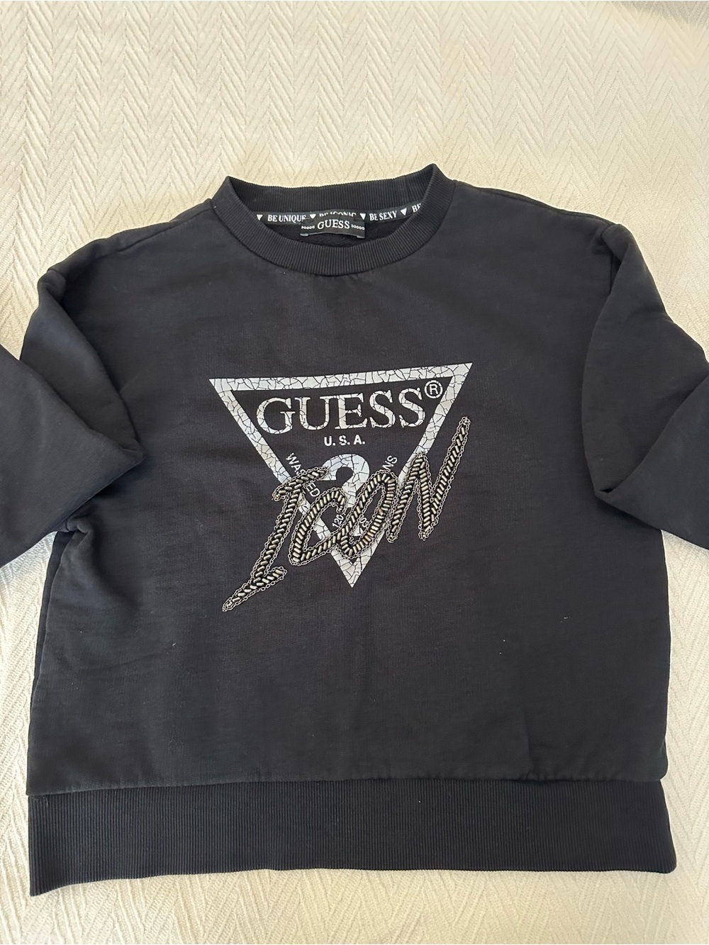 Guess Women's Crop Icon Logo Rhinestone Sweatshirt